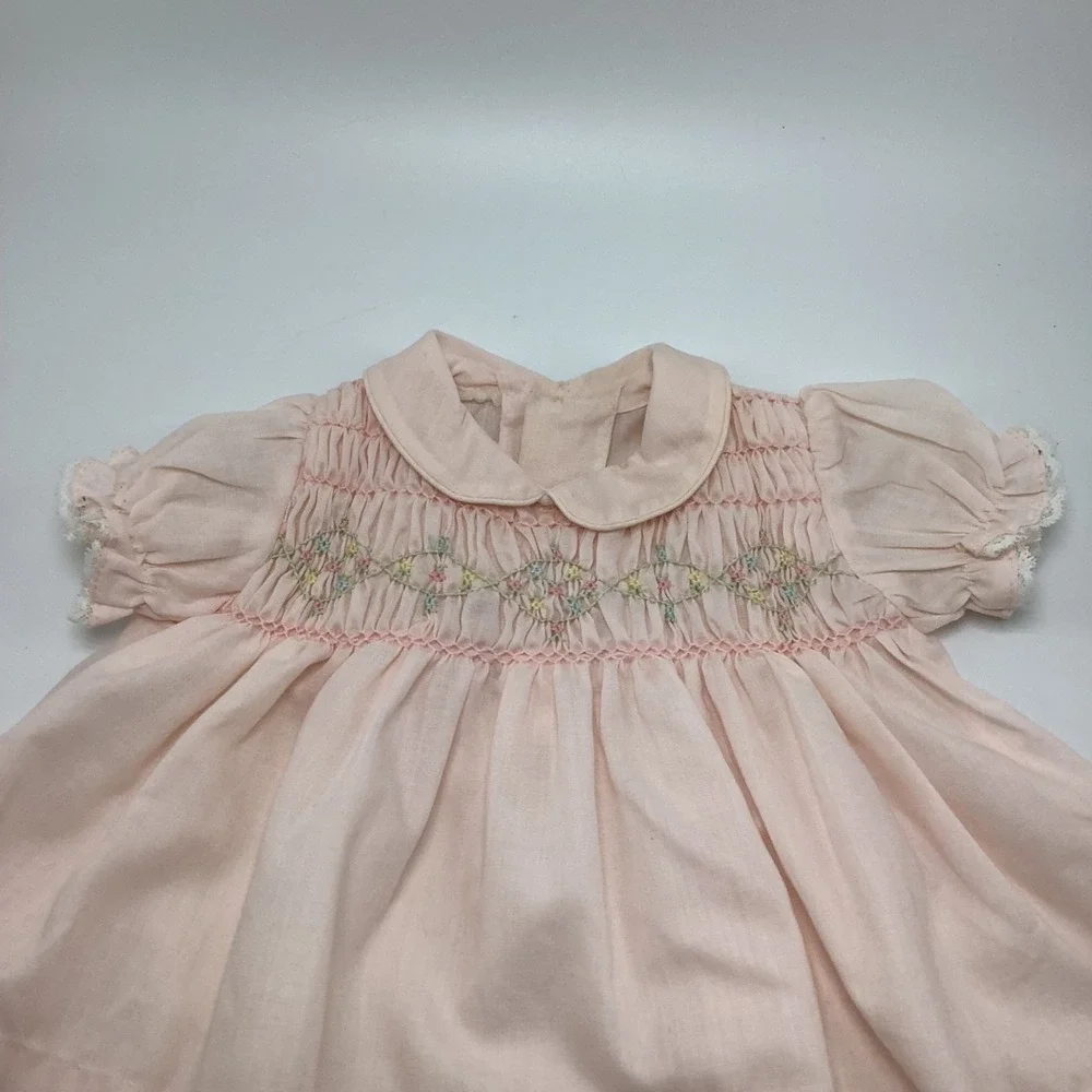 Vintage Newborn Smocked‎ Dresses Lace Trimmed & Embroidered Pink & Yellow